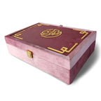 Pink pearl velvet Quran set with box stand, featuring elegant velvet cover and traditional design by Zamzam Zarqun LLC.