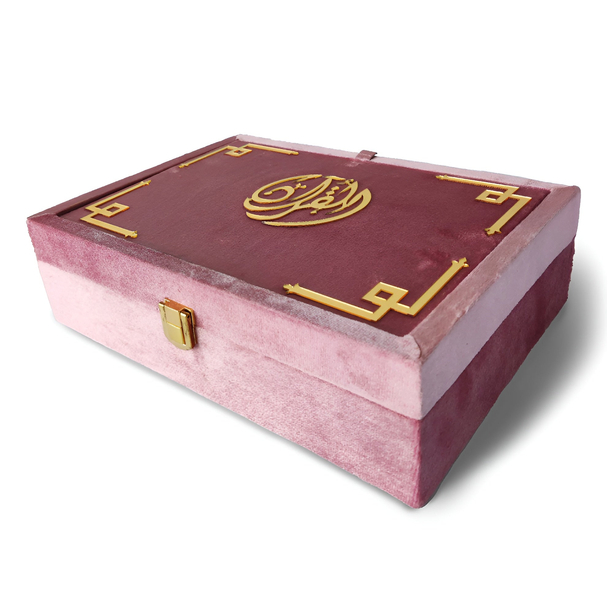 Pink pearl velvet Quran set with box stand, featuring elegant velvet cover and traditional design by Zamzam Zarqun LLC.