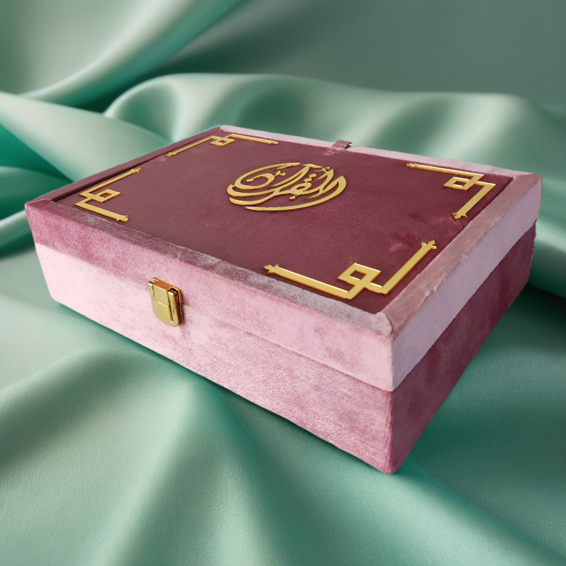 Pink pearl velvet Quran set with box stand by Zamzam Zarqun LLC, featuring a luxurious velvet cover and elegant presentation box.