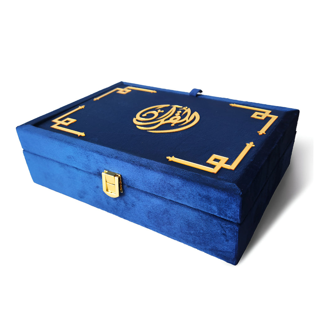 Velvet Quran set with box stand by Zamzam Zarqun LLC, featuring a decorative cover and elegant presentation for prayer and study.