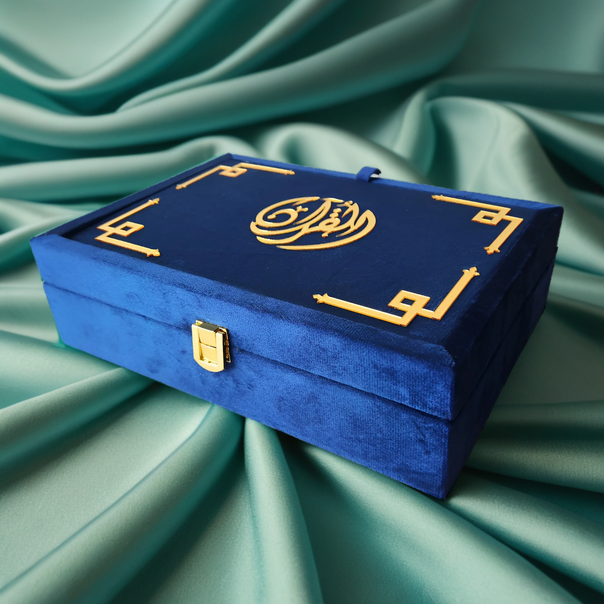 Velvet Quran set with box stand by Zamzam Zarqun LLC, featuring an elegant cover and intricate design for Islamic prayer.