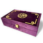 Purple Turkish velvet Quran set with box stand, featuring intricate design and luxurious fabric, by Zamzam Zarqun LLC.
