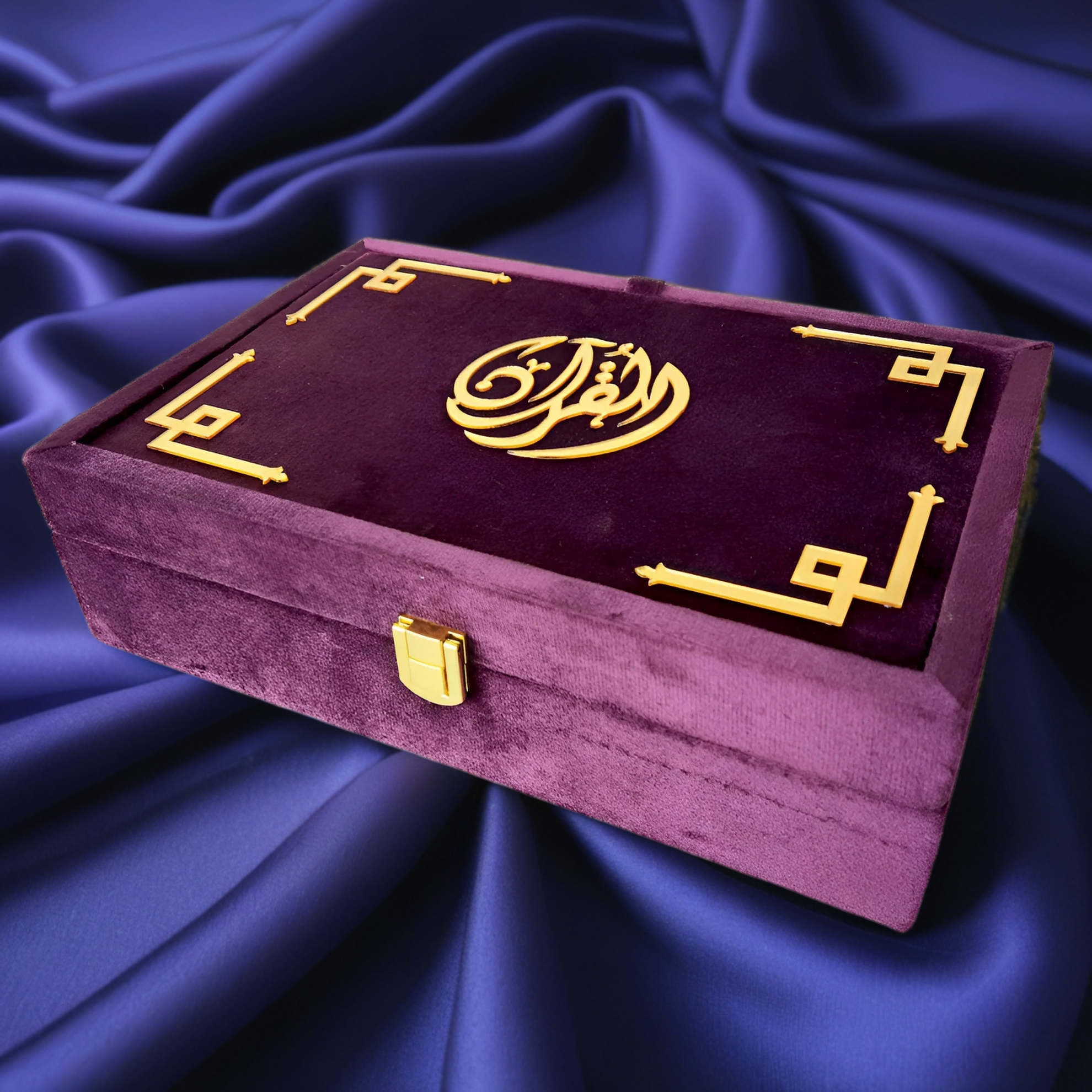 Purple Turkish velvet Quran set with box stand, featuring ornate cover and elegant presentation from Zamzam Zarqun LLC.