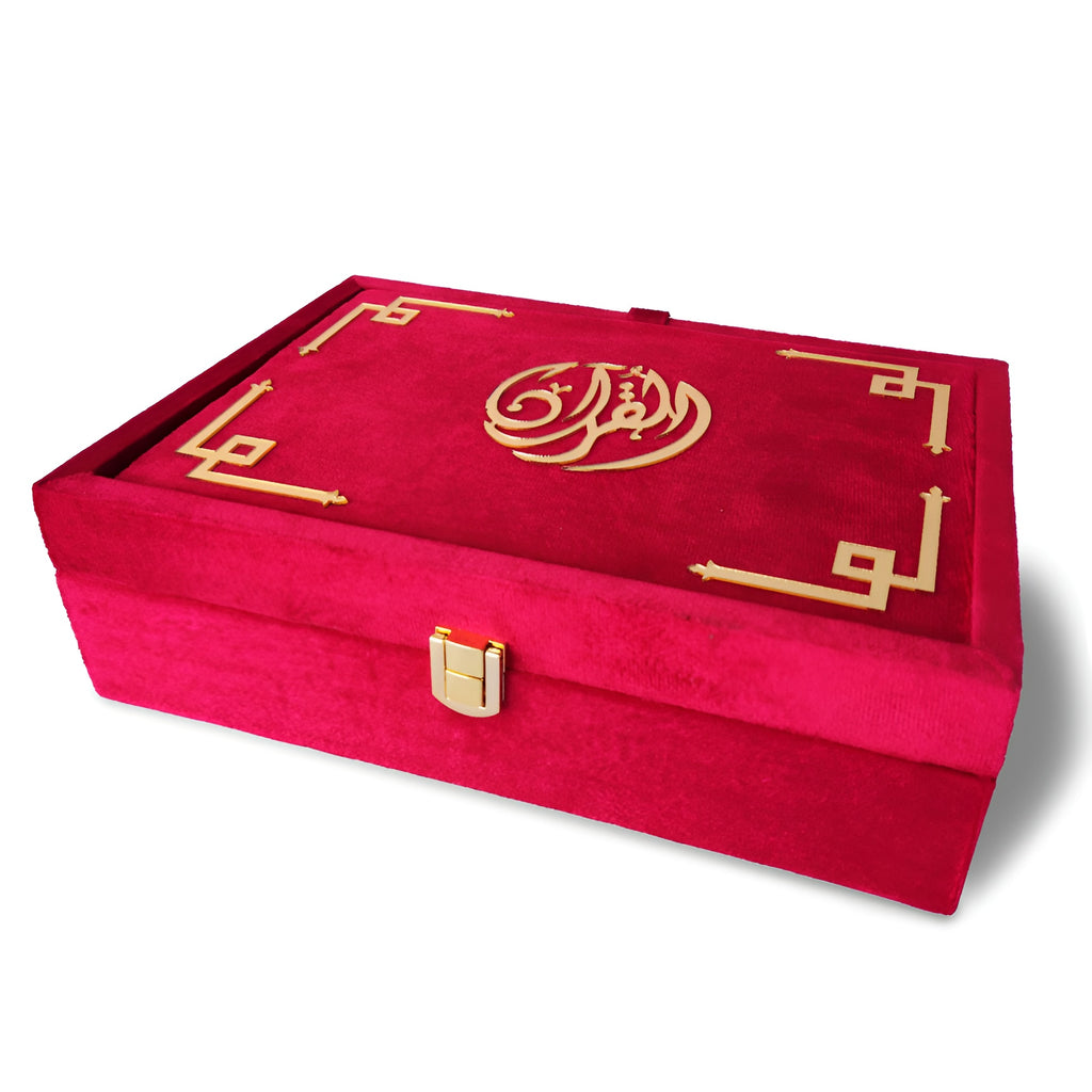 Elegant velvet Quran set with glittering roses cover and box stand, by Zamzam Zarqun LLC, displayed open showing intricate design.
