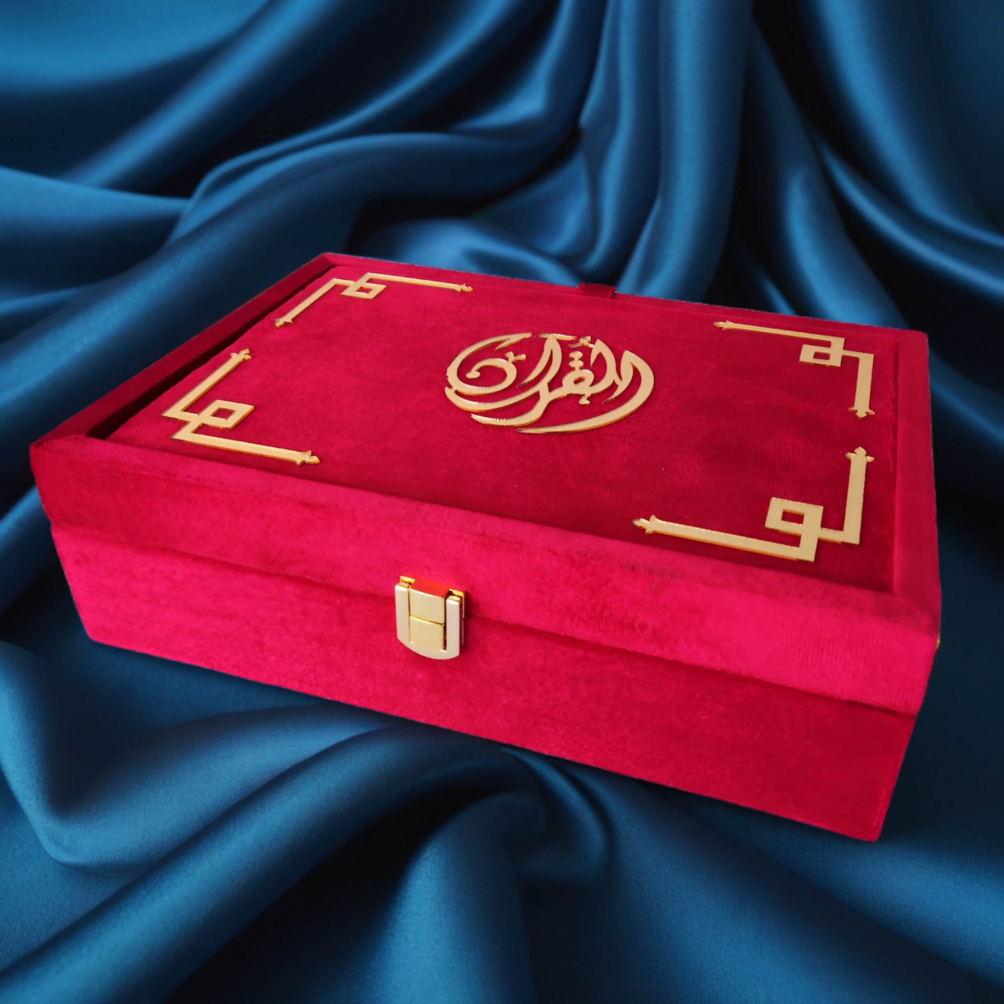 Velvet Quran set with glittering roses cover and box stand by Zamzam Zarqun LLC, featuring intricate floral design on the cover.