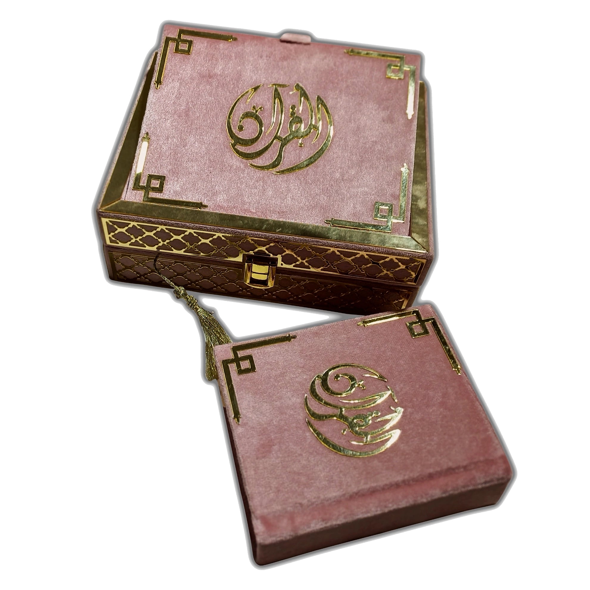 PINK PEARL VELVET MINI QURAN SET (WITH BOX STAND)