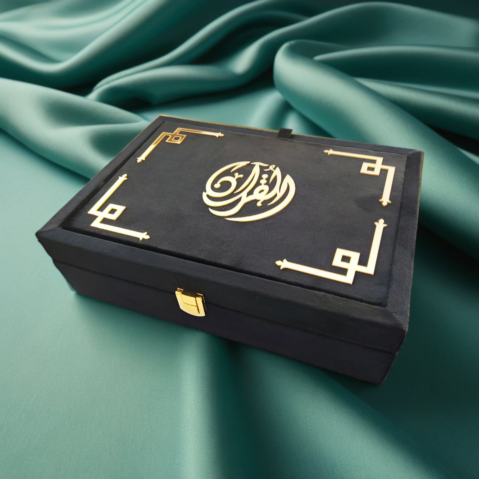 Glittering Galaxy Velvet Quran Set with box stand by Zamzam Zarqun LLC, featuring a luxurious velvet cover and elegant display stand.