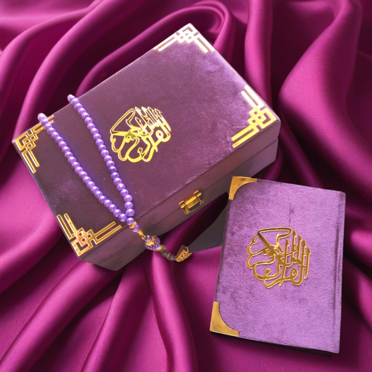 PURPLE TURKISH VELVET QURAN SET (WITH BOX STAND + BEADS)