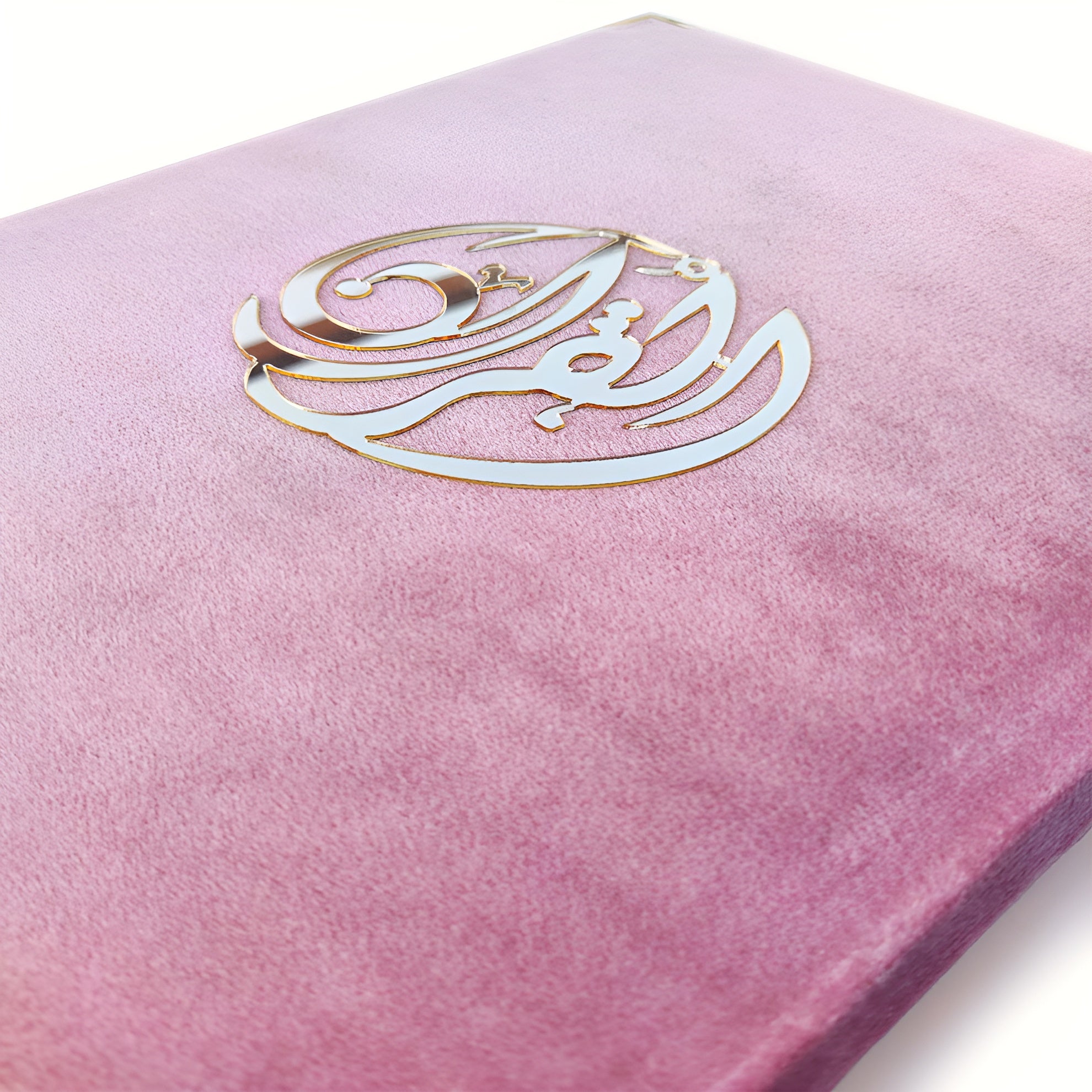 Pink pearl velvet Quran set with box stand, featuring a luxurious velvet cover and ornate design, by Zamzam Zarqun LLC.