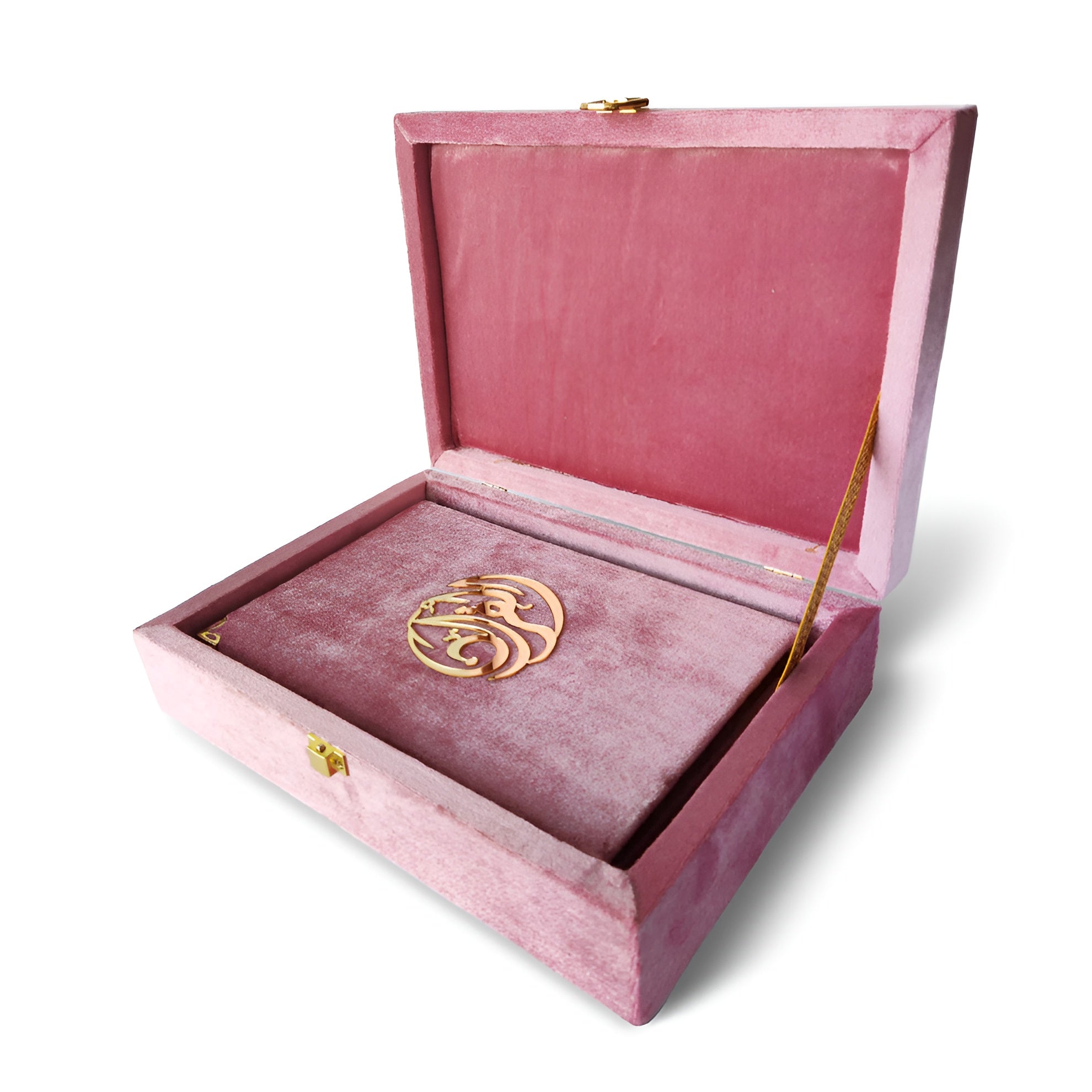 Pink pearl velvet Quran set with box stand from Zamzam Zarqun LLC, featuring a luxurious velvet cover and elegant display stand.