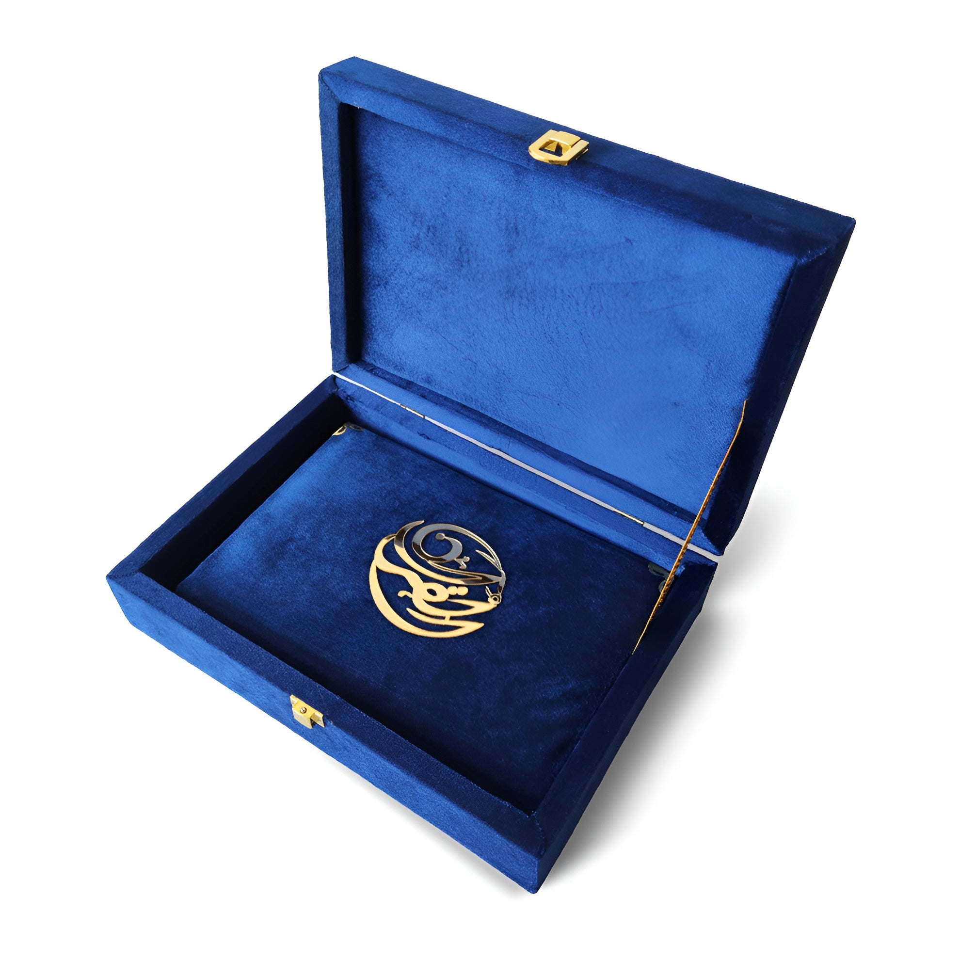 Elegant velvet Quran set with box stand by Zamzam Zarqun LLC, featuring intricate design and luxurious cover.