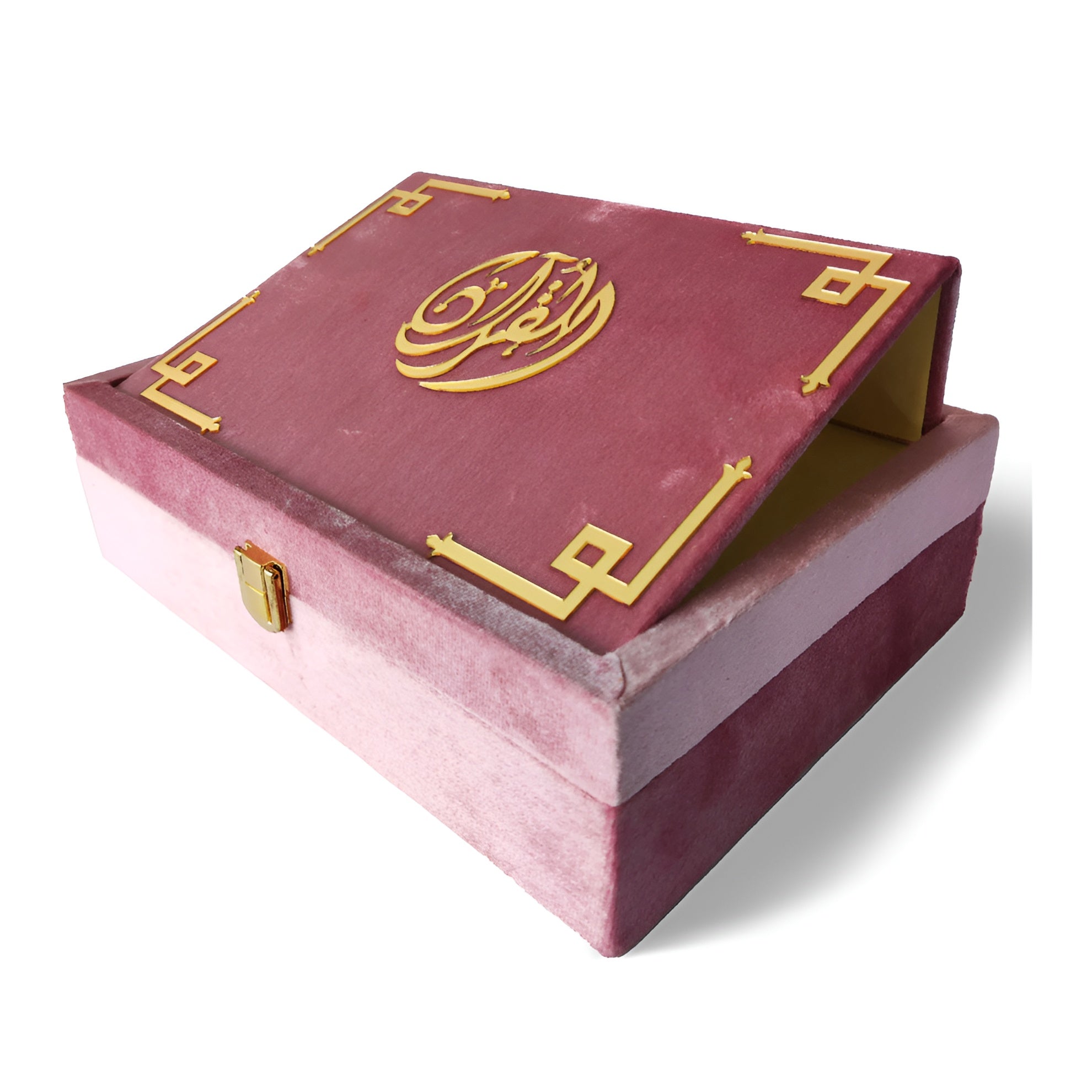 Pink velvet Quran set with box stand from Zamzam Zarqun LLC, featuring a plush velvet cover and elegant presentation.