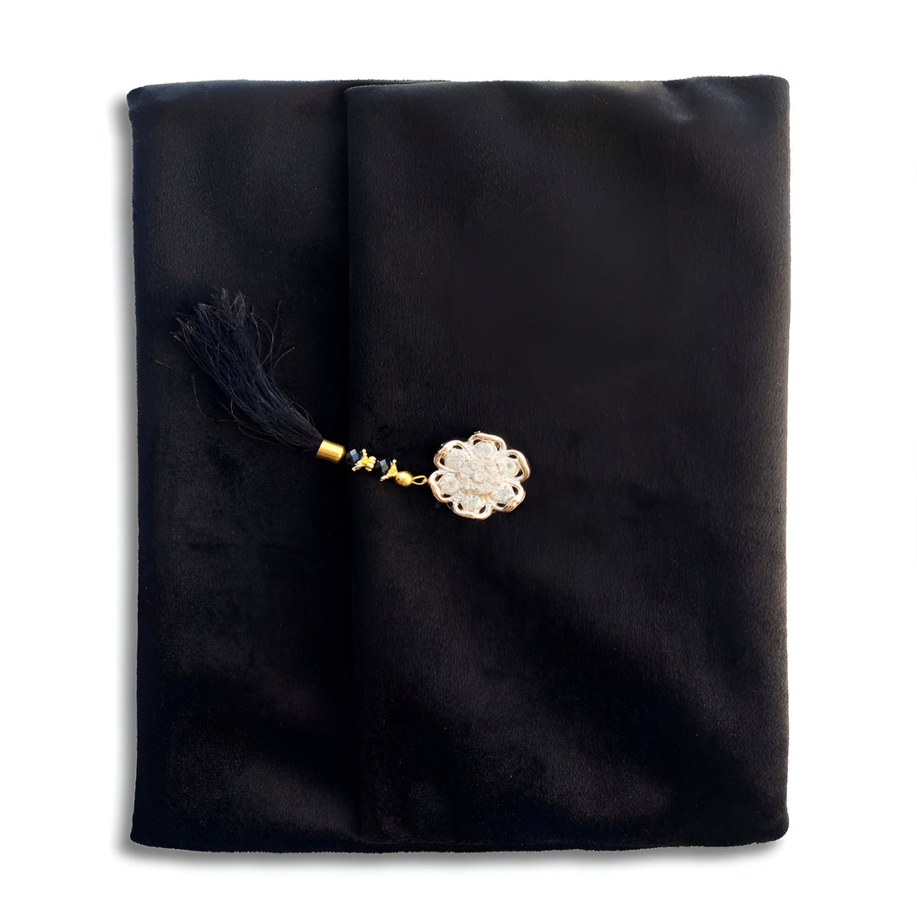 Black velvet Quran set with cover by Zamzam Zarqun LLC, featuring a beautifully designed Quran Pak for online purchase.