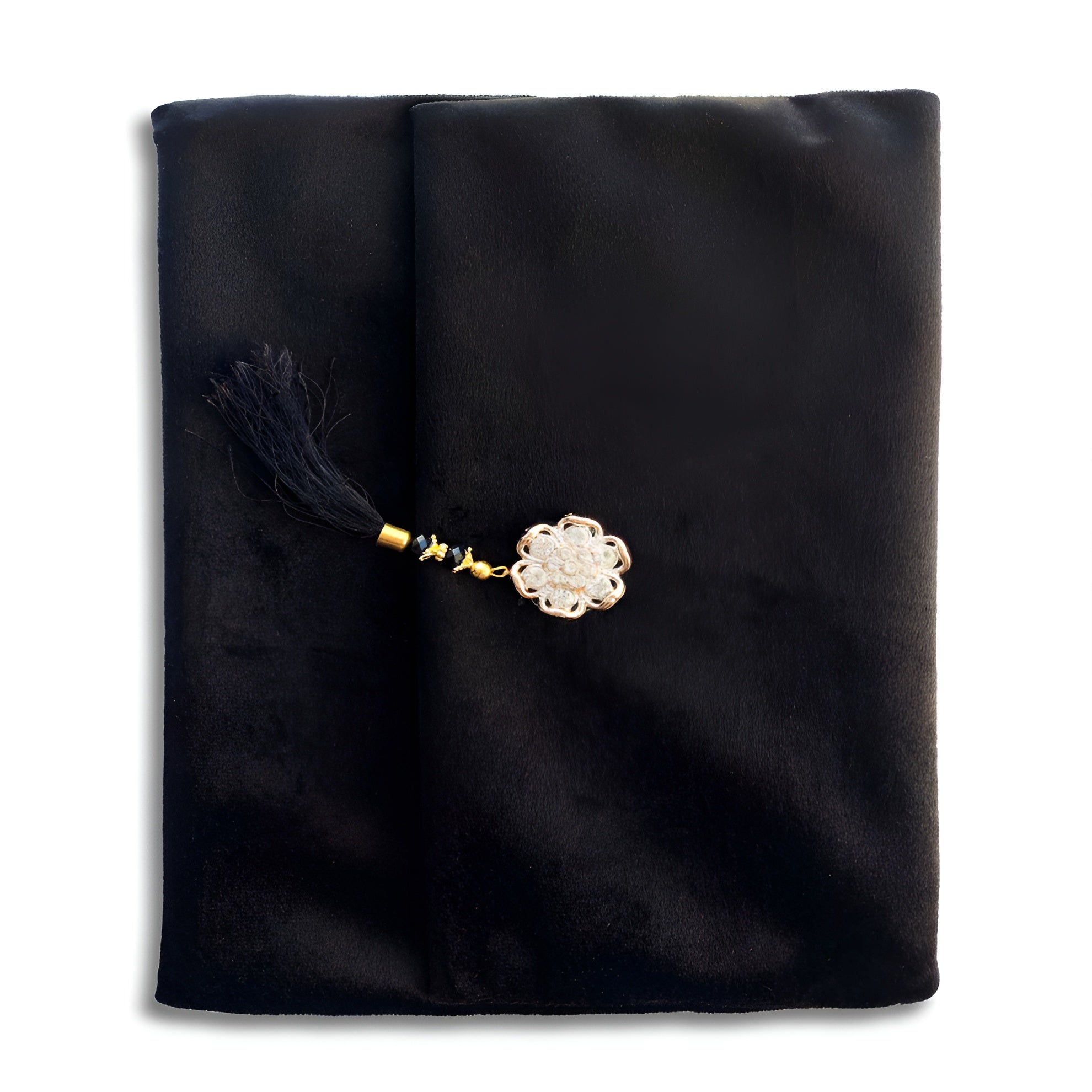 Black velvet Quran set with cover by Zamzam Zarqun LLC, featuring a beautifully designed Quran Pak for online purchase.