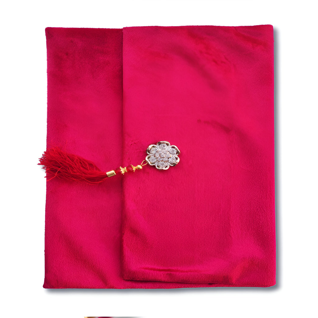 Dark pink velvet Quran set with cover from Zamzam Zarqun LLC, featuring intricate design and traditional Islamic calligraphy.