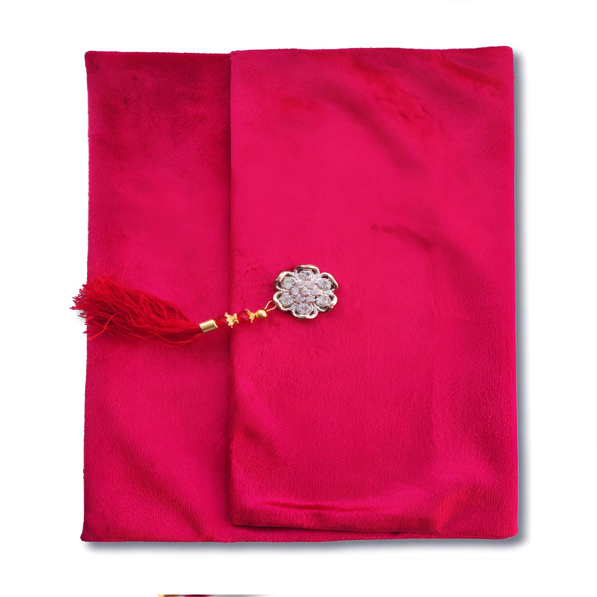 Dark pink velvet Quran set with cover from Zamzam Zarqun LLC, featuring intricate design and traditional Islamic calligraphy.