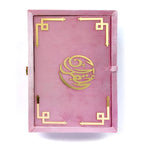 Pink pearl velvet Quran set with box stand by Zamzam Zarqun LLC, featuring a luxurious velvet cover and elegant display stand.