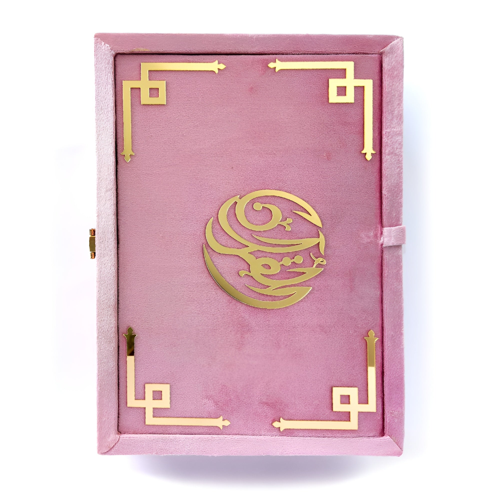 Pink pearl velvet Quran set with box stand by Zamzam Zarqun LLC, featuring a luxurious velvet cover and elegant display stand.
