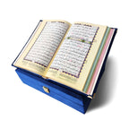 Velvet Quran set with box stand by Zamzam Zarqun LLC, featuring a decorative Quran cover and elegant presentation box.