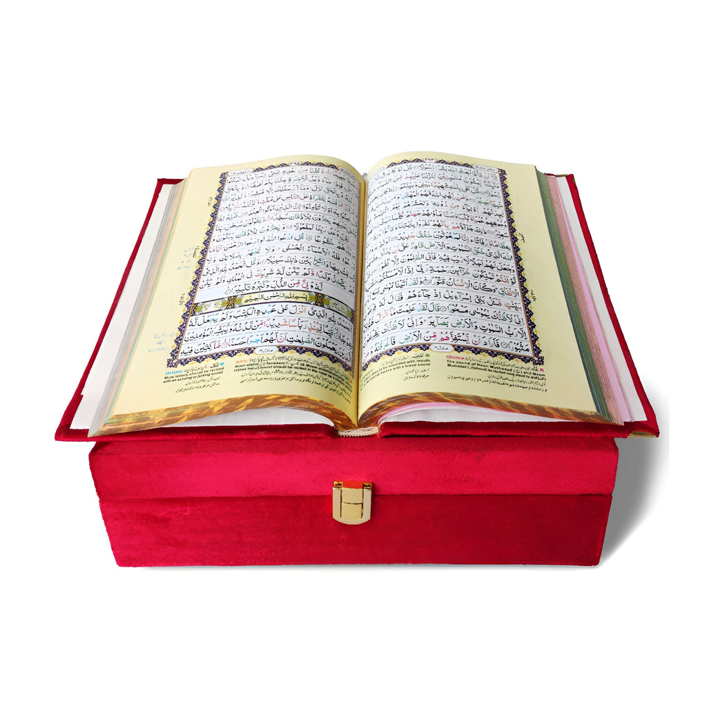 Velvet Quran set with glittering roses cover and box stand, detailed design, from Zamzam Zarqun LLC, showcasing the elegant Quran packaging.