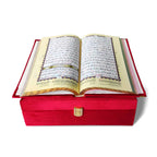 Velvet Quran set with glittering roses cover and box stand, detailed design, from Zamzam Zarqun LLC, showcasing the elegant Quran packaging.