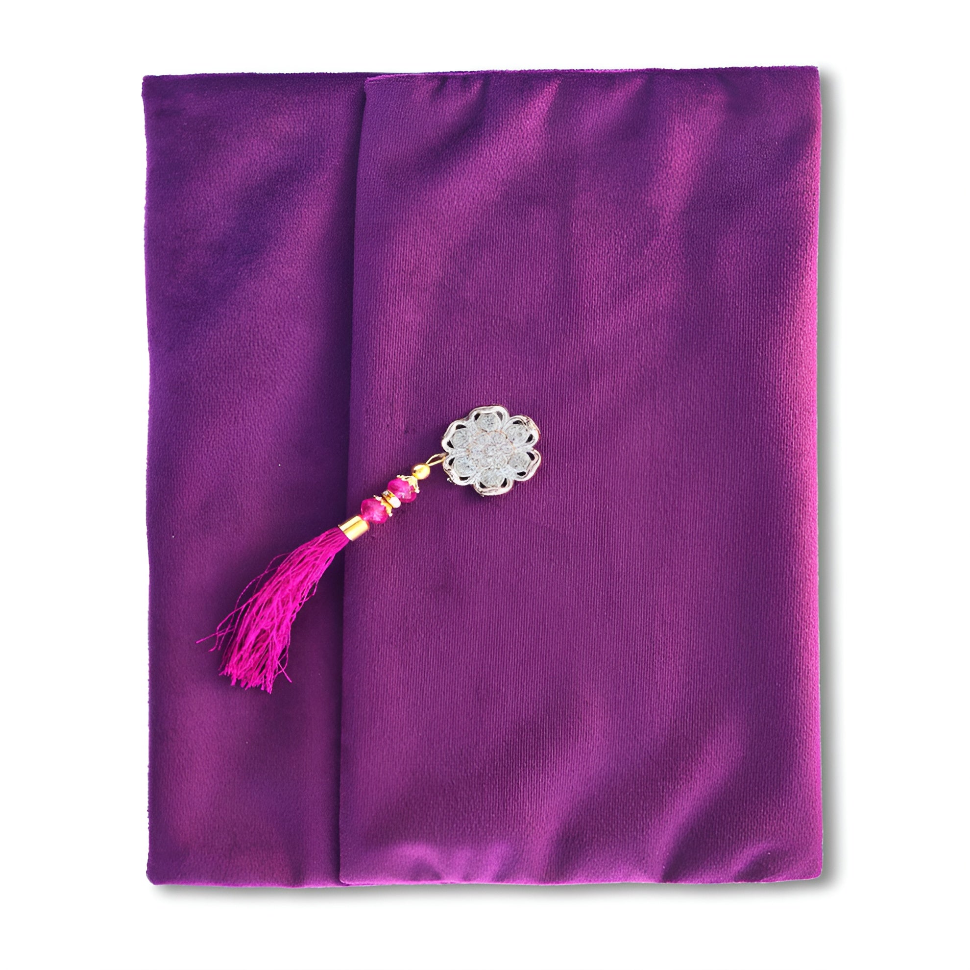 Purple velvet Quran set with cover by Zamzam Zarqun LLC, featuring a beautifully designed Quran Pak with intricate cover detailing.