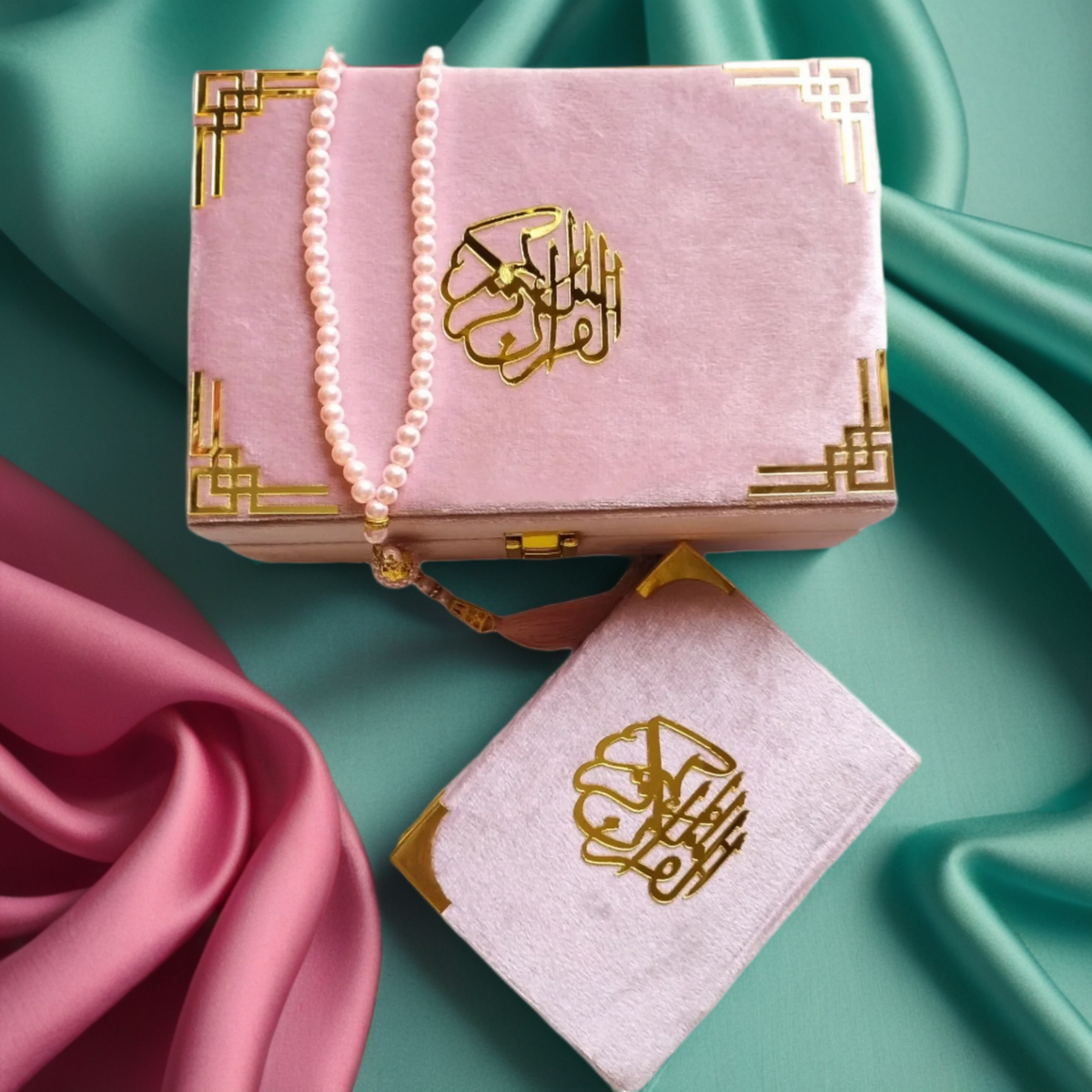 PINK PEARL VELVET QURAN SET (WITH BOX STAND + BEADS)